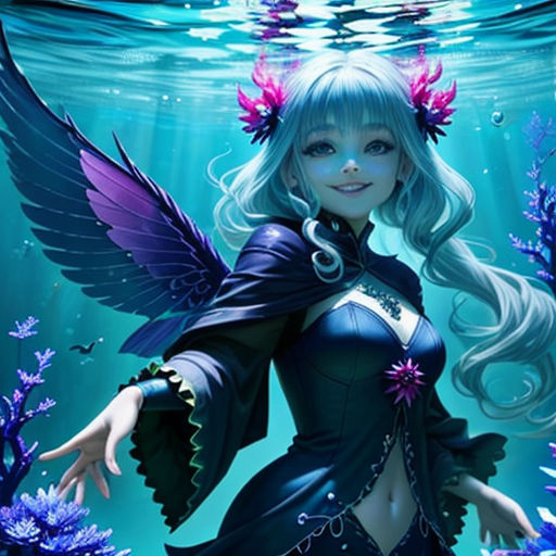 a woman in a blue dress under water with wings and flowers on her head, and a fish in her hand