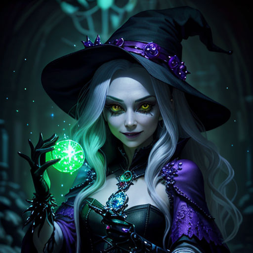 a woman dressed in a witch costume holding a green ball in her hand and a green orb in her hand