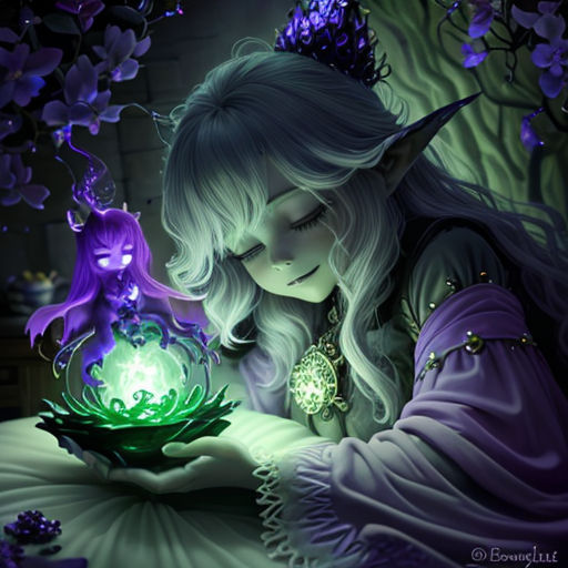 a woman in a purple dress holding a green ball in her hands and a purple flower in her hand