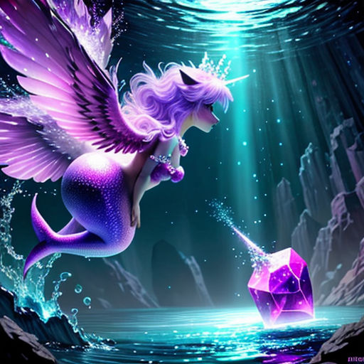 a purple fairy with a purple tail and wings flying over water with a crystal ball in the foreground