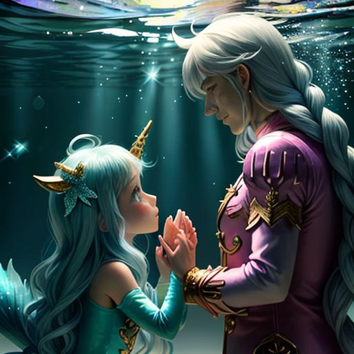 a couple of people that are under water with a fish in their hands and a mermaid in the background