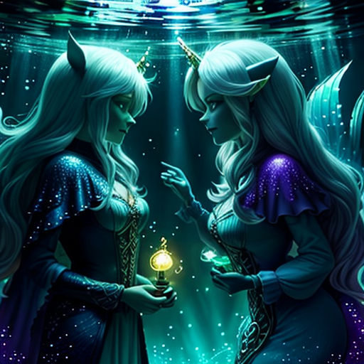 two women in costumes standing under water with a light in their hands and a light in their hand in their hands