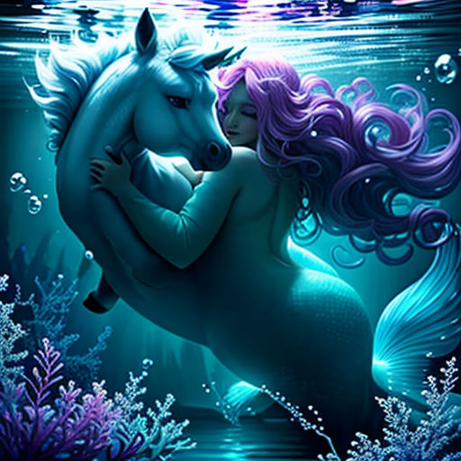 a mermaid hugging a white horse under water with bubbles and bubbles around her head, with a blue background