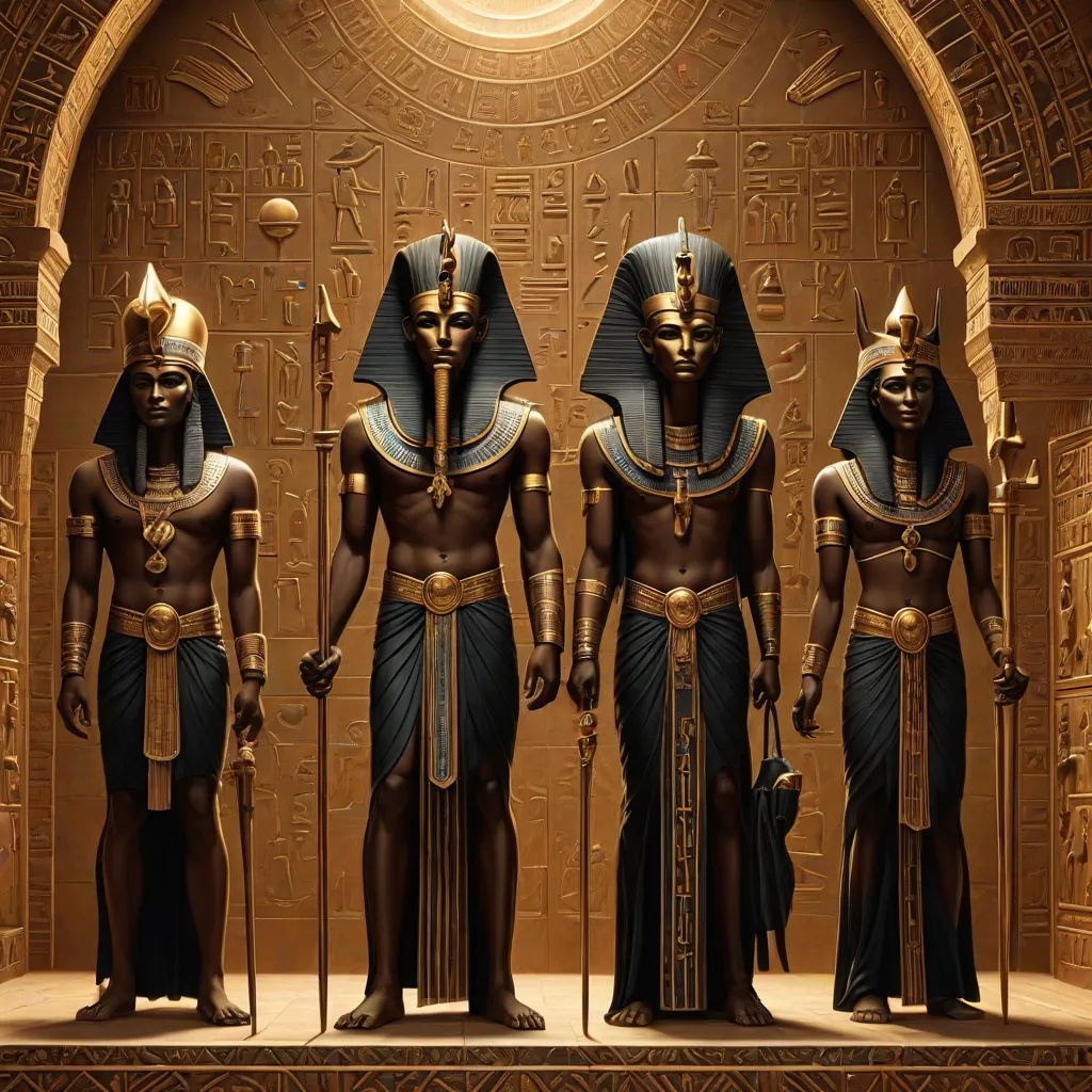 three egyptian statues of pharaohs and queens in a museum setting with a gold background and a circular doorway, afrofuturism, egyptian art, Altichiero, highly detailed and intricate