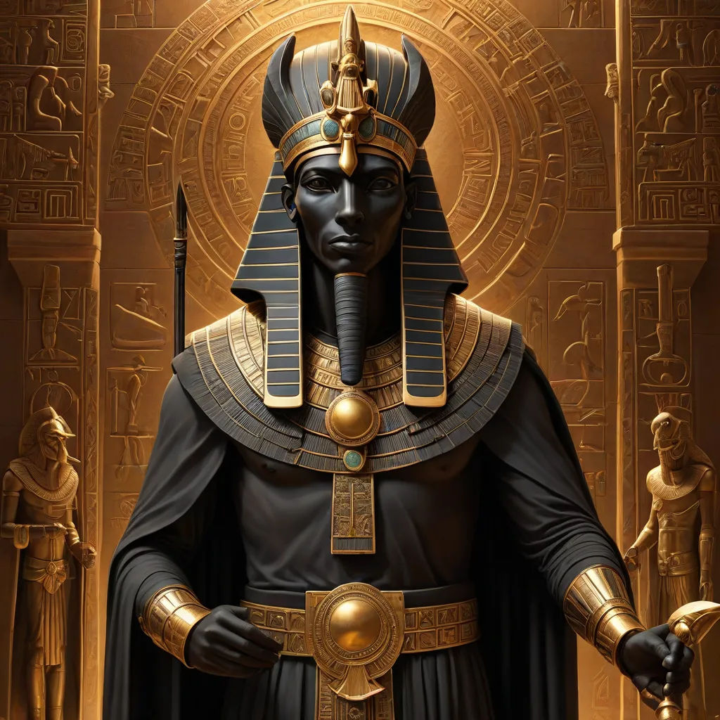 a statue of an egyptian pharaoh with a golden helmet and sword in front of a golden background with egyptian symbols, afrofuturism, egyptian art, Altichiero, epic fantasy character art
