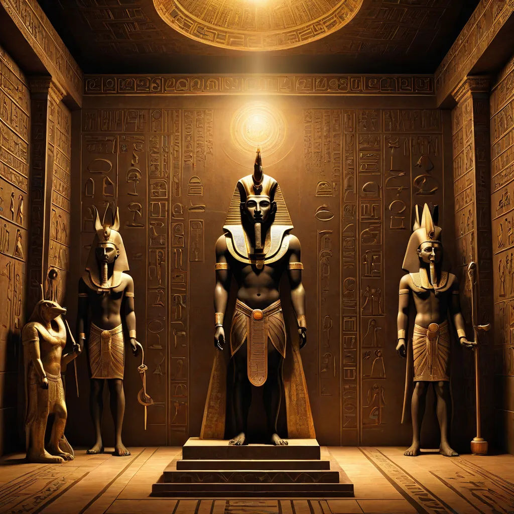 a group of egyptian statues in a room with a ceiling light and a ceiling fan in the background,, afrofuturism, egyptian art, Altichiero, global illumination