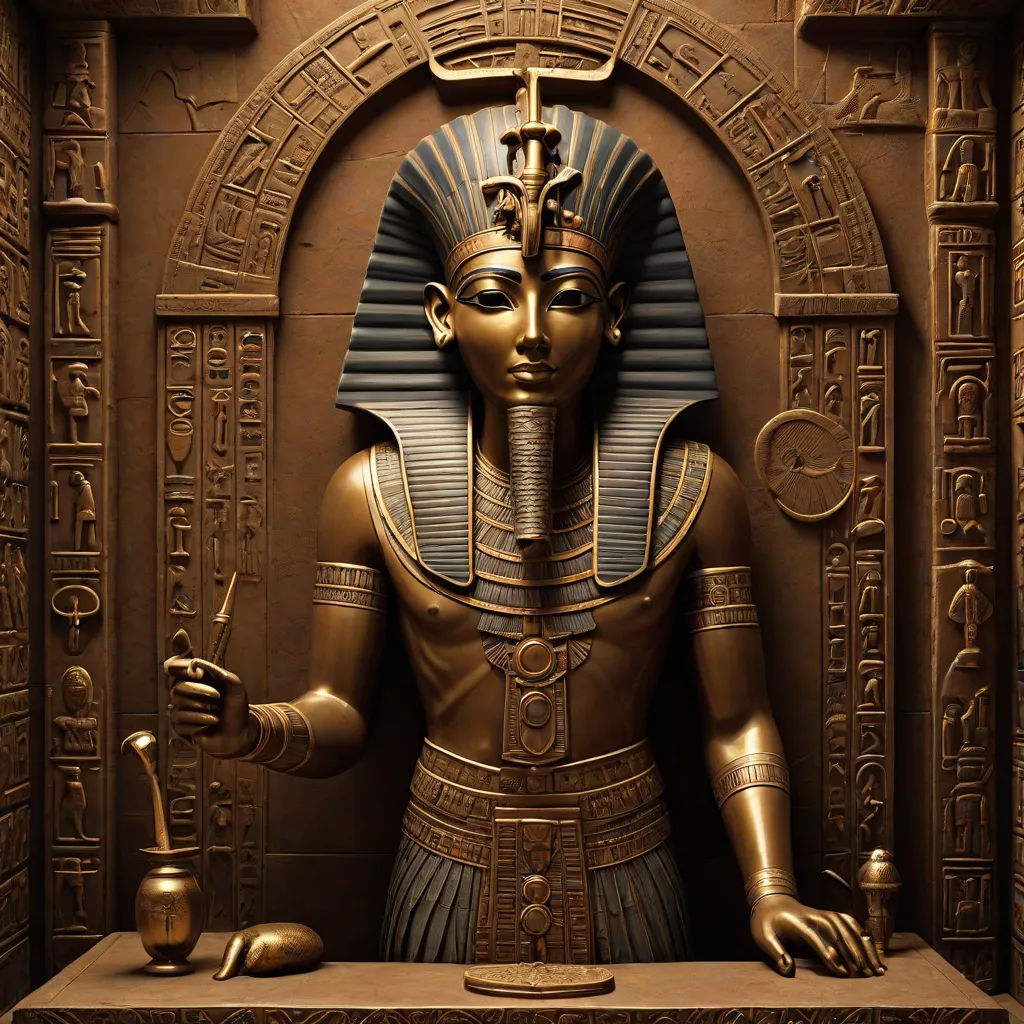 a statue of an egyptian pharaoh in a museum setting with a gold mask and a gold vase in front of it, afrofuturism, egyptian art, Edward Otho Cresap Ord, II, highly detailed digital art