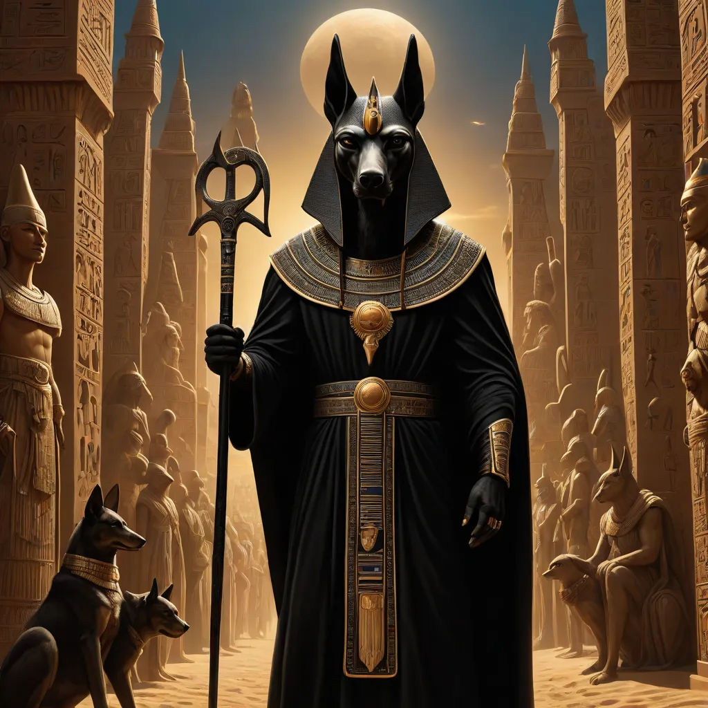 a dog is standing next to a man in a black outfit and a dog is standing next to him, fantasy art, egyptian art, Art of Brom, dark fantasy art