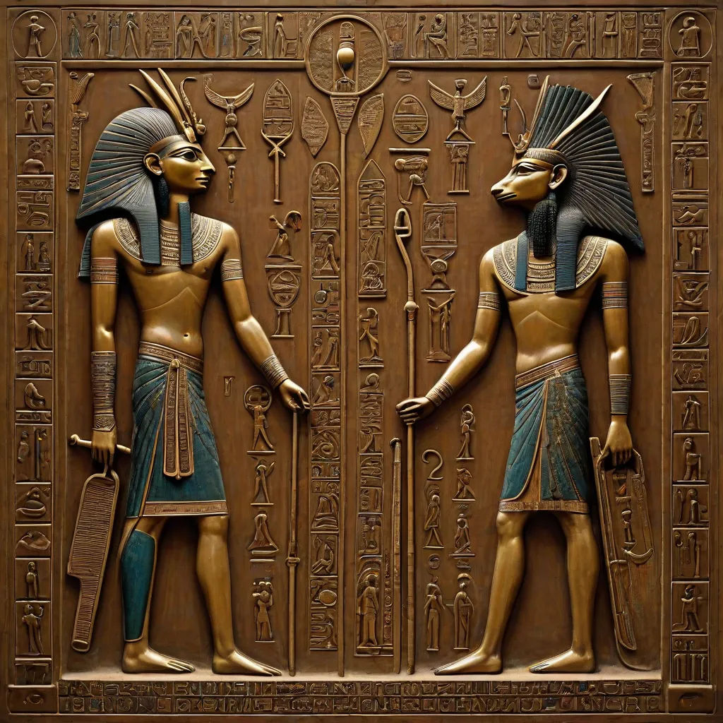 two statues of egyptian gods in front of a wall with egyptian writing on it and a gold frame with a blue border, arts and crafts movement, egyptian art, Edward Otho Cresap Ord, II, highly detailed and intricate