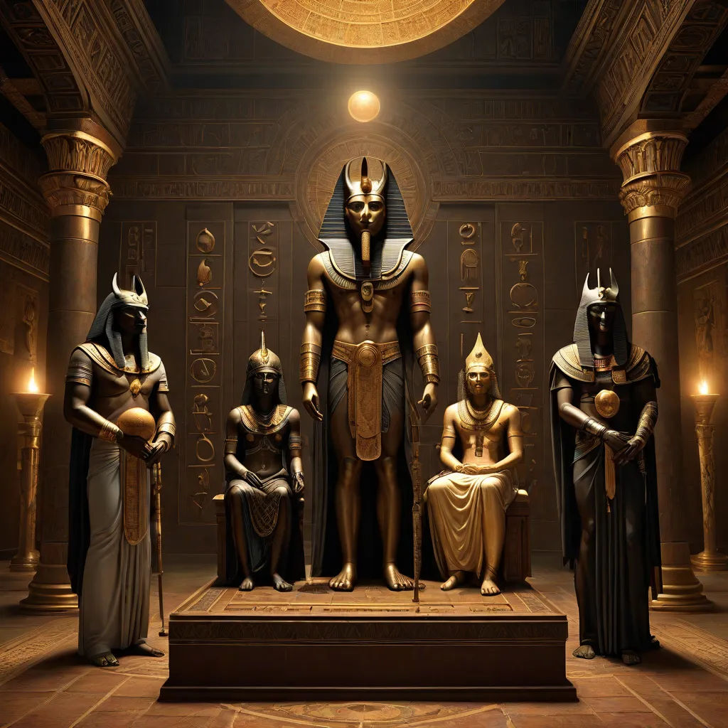 a group of statues of egyptian gods and goddesss in a museum setting with a ceiling light above them, afrofuturism, egyptian art, Bastien L. Deharme, global illumination