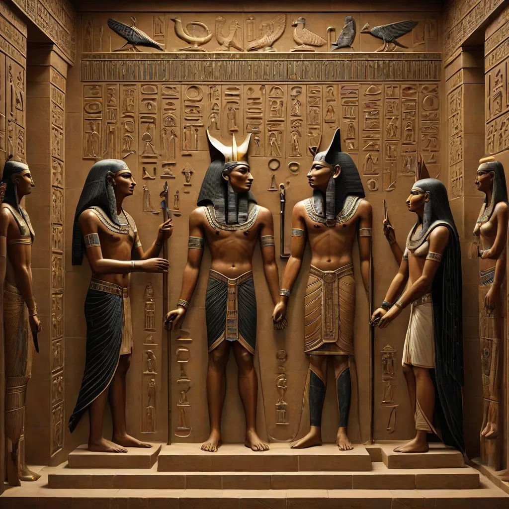 a group of egyptian statues in a museum setting with egyptian writing on the wall behind them and a bird flying above them, arts and crafts movement, egyptian art, Edward Otho Cresap Ord, II, highly detailed and intricate