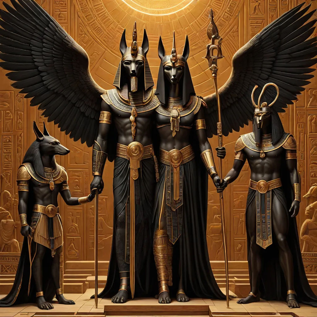 three egyptian statues of pharaohs and anubs with a golden background and a golden sun in the background, afrofuturism, egyptian art, Anne Stokes, dark fantasy art