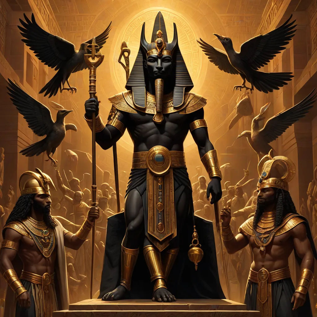 a painting of an egyptian god surrounded by other egyptian gods and birds in a golden background with a sun in the background, fantasy art, egyptian art, Altichiero, magic the gathering artwork