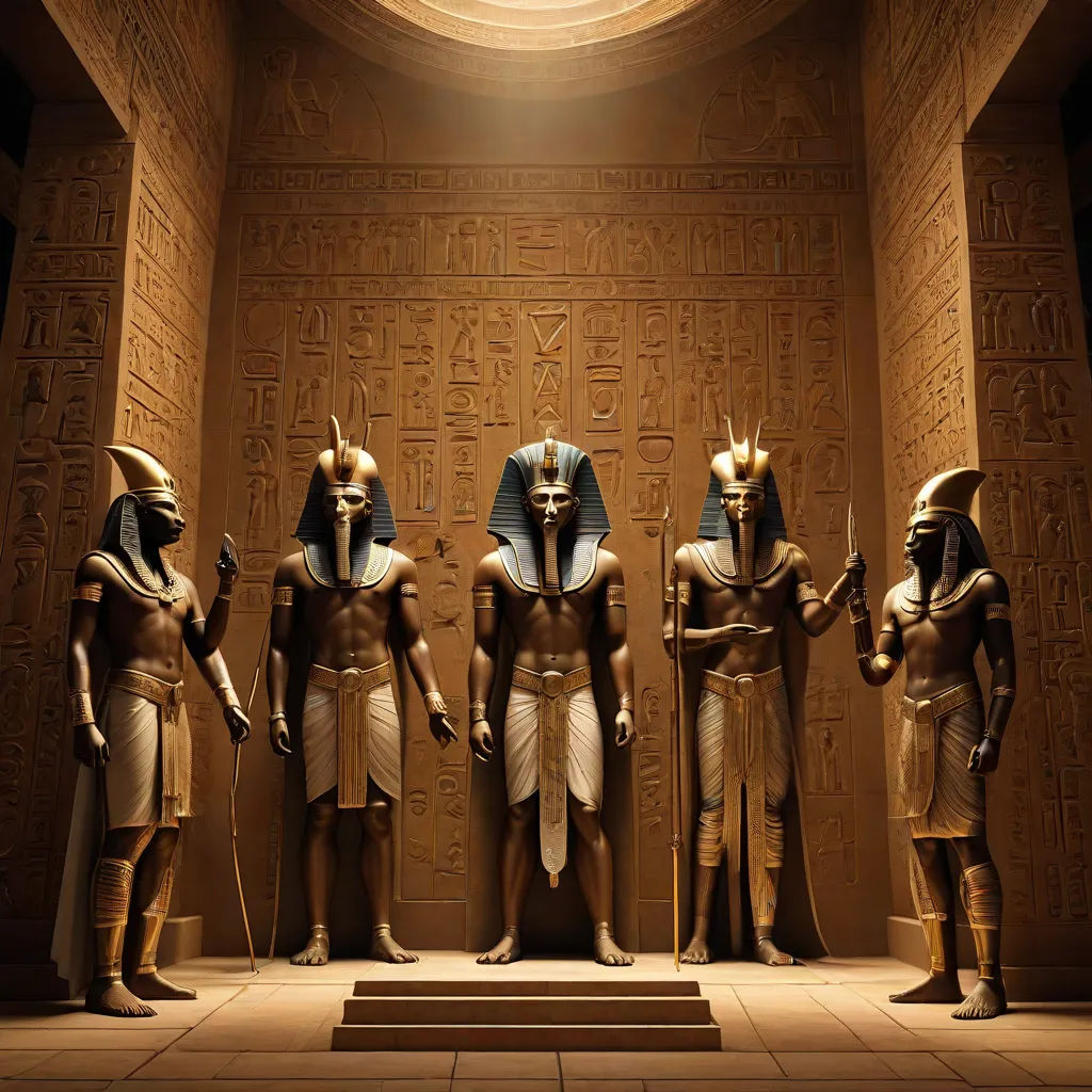 a group of statues of egyptian gods in a museum setting with a ceiling light above them and a ceiling light above them, afrofuturism, egyptian art, Altichiero, global illumination