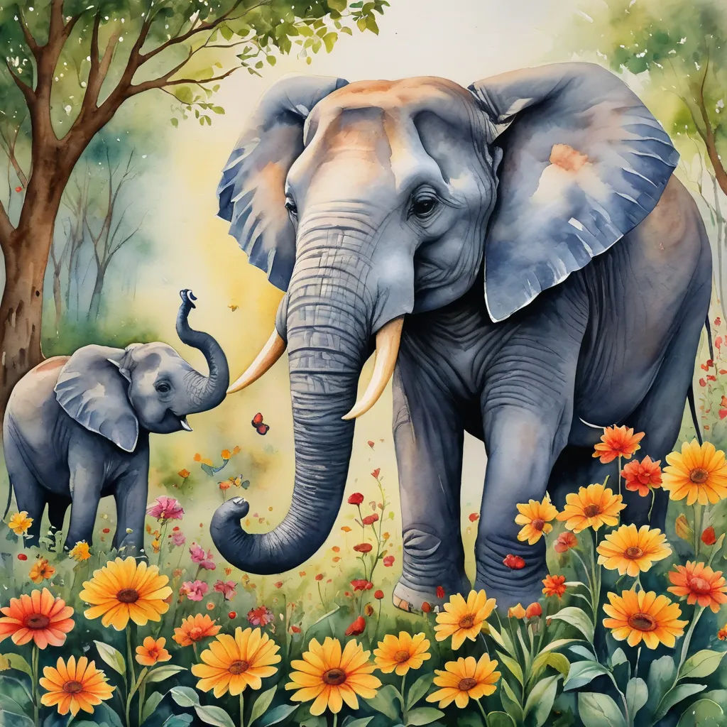 a painting of an elephant and its baby in a field of flowers and trees with a butterfly on its trunk, naive art, a storybook illustration, Chris LaBrooy, highly detailed digital painting