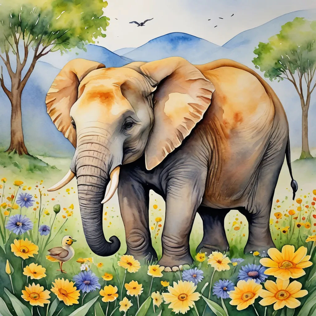 a painting of an elephant in a field of flowers and trees with a bird flying overhead in the background, naive art, a storybook illustration, Amédée Ozenfant, highly detailed digital painting