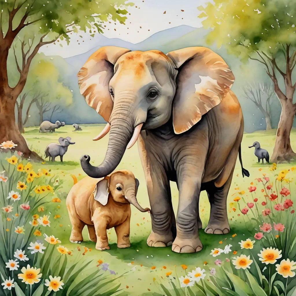 a painting of an elephant and its baby in a field of flowers and trees with a mountain in the background, naive art, a storybook illustration, Amédée Ozenfant, storybook illustration