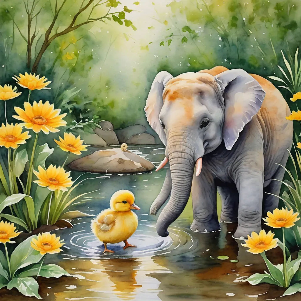 a painting of an elephant and a duck in a pond with flowers and rocks in the background and a baby duck in the foreground, magic realism, a storybook illustration, Chris LaBrooy, storybook illustration
