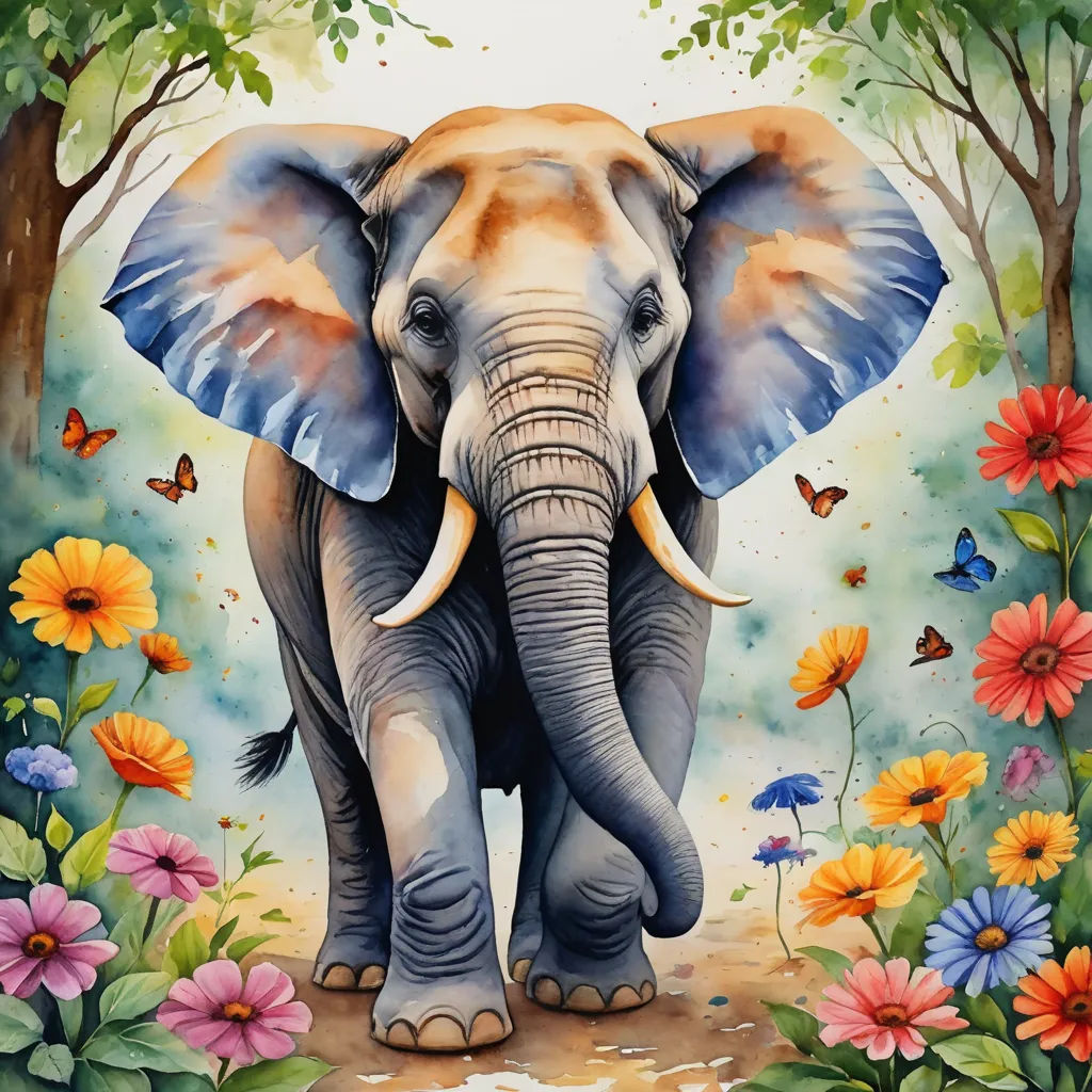 a painting of an elephant in a forest with flowers and butterflies around it's feet and trunk, with a butterfly on its forehead, naive art, an airbrush painting, Chris LaBrooy, highly detailed digital painting