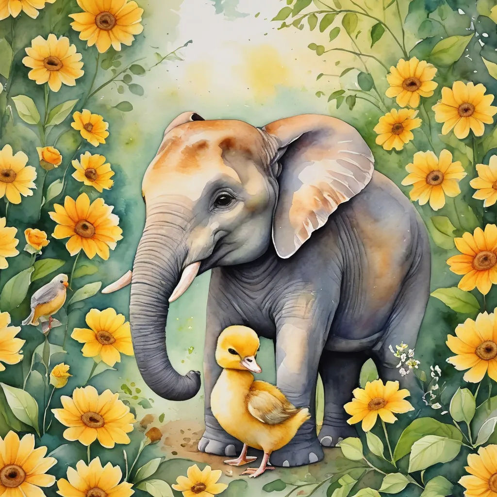 a painting of an elephant and a duck in a field of flowers and sunflowers with a baby duck, pop surrealism, a watercolor painting, Chris LaBrooy, in gouache detailed paintings