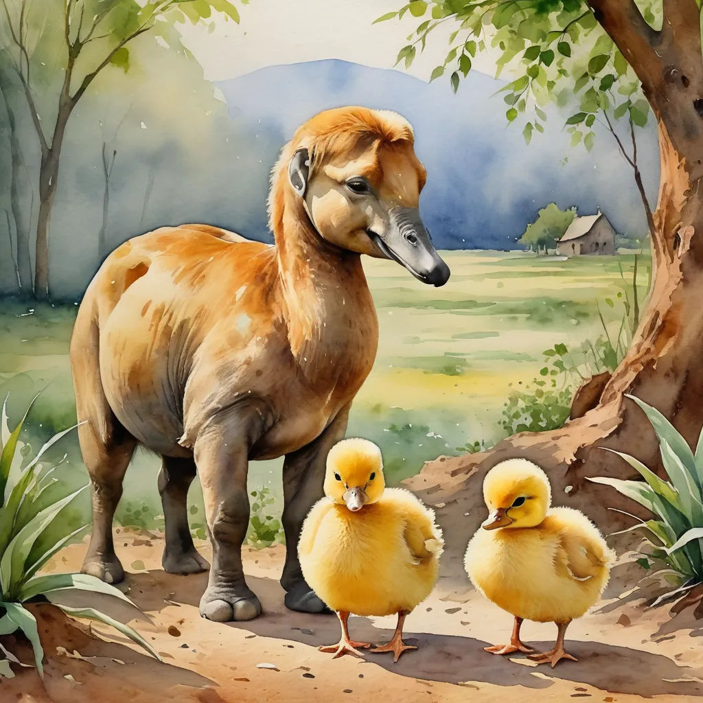 a painting of a horse and two ducklings in a field with a horse in the background and a house in the background, massurrealism, a watercolor painting, Douglas Robertson Bisset, watercolor