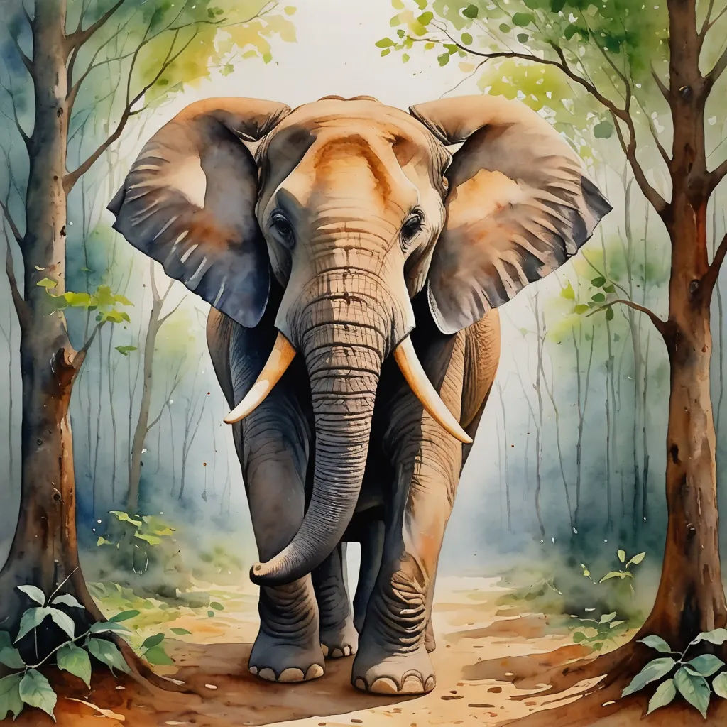 a painting of an elephant walking through a forest with trees and leaves on the ground and a path leading to the elephant, sumatraism, an airbrush painting, Chris LaBrooy, highly detailed digital painting