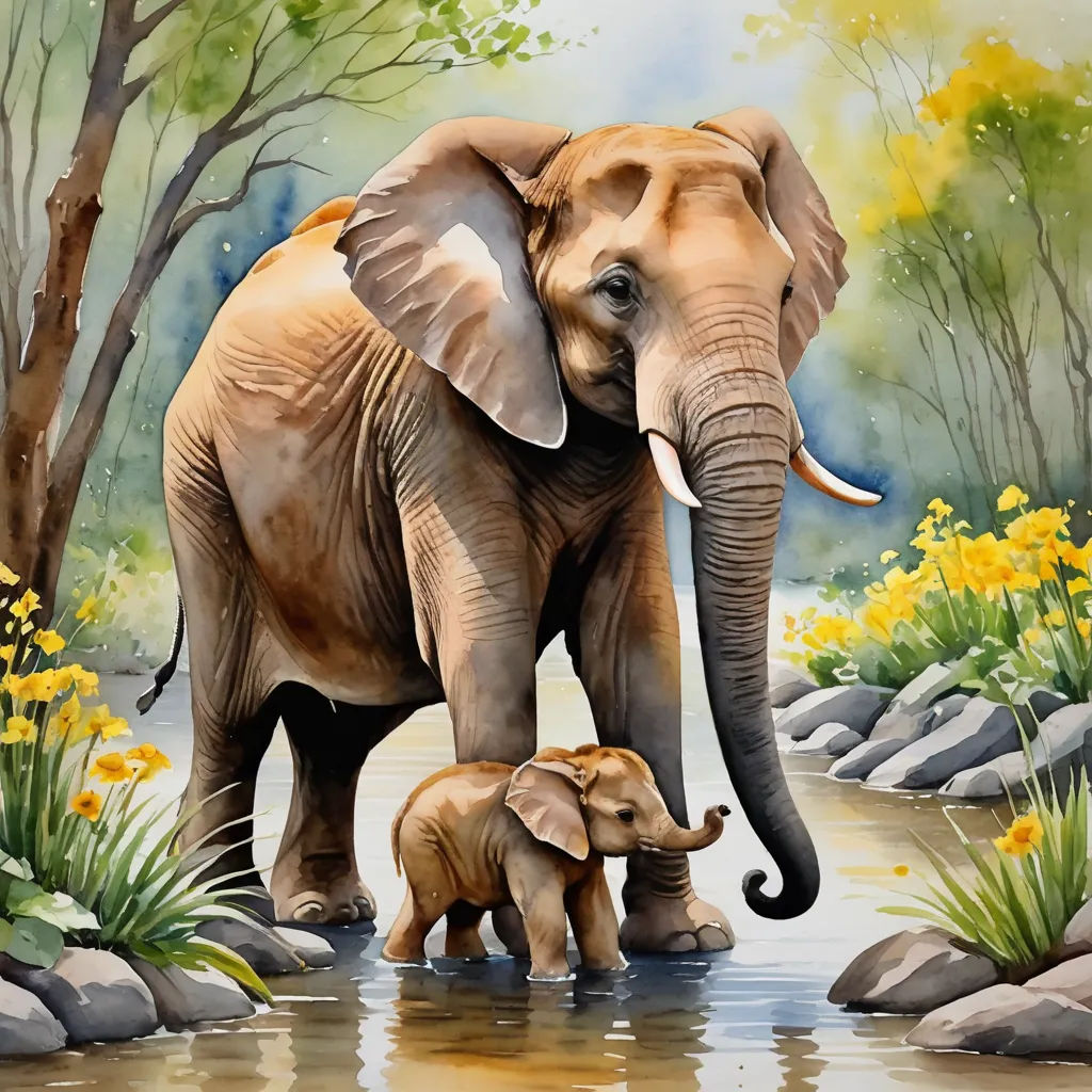 a painting of an elephant and its baby in a river with yellow flowers and trees in the background and a blue sky, naive art, a watercolor painting, Amédée Ozenfant, oil painting