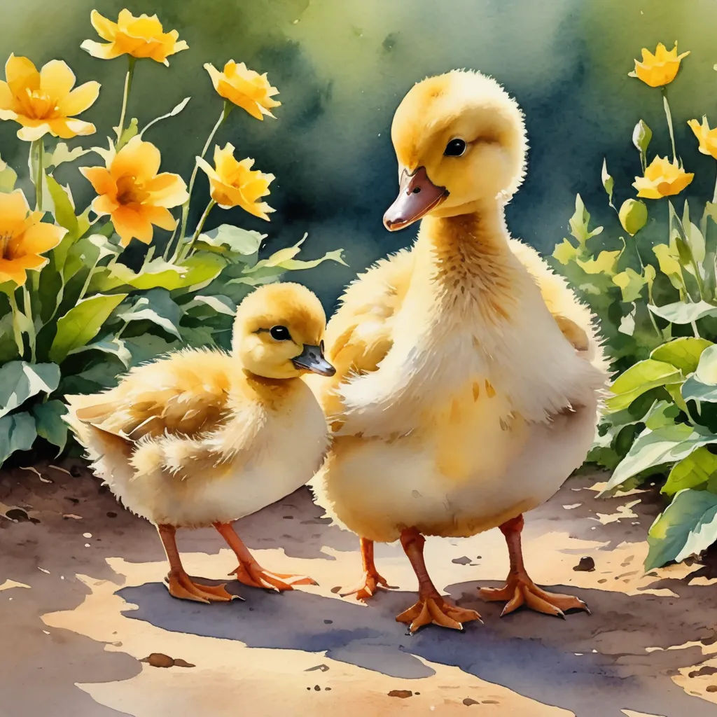 a painting of two ducks standing in a field of flowers and flowers behind them is a watercolor painting of two ducks, american scene painting, a watercolor painting, Anne Said, soft painting