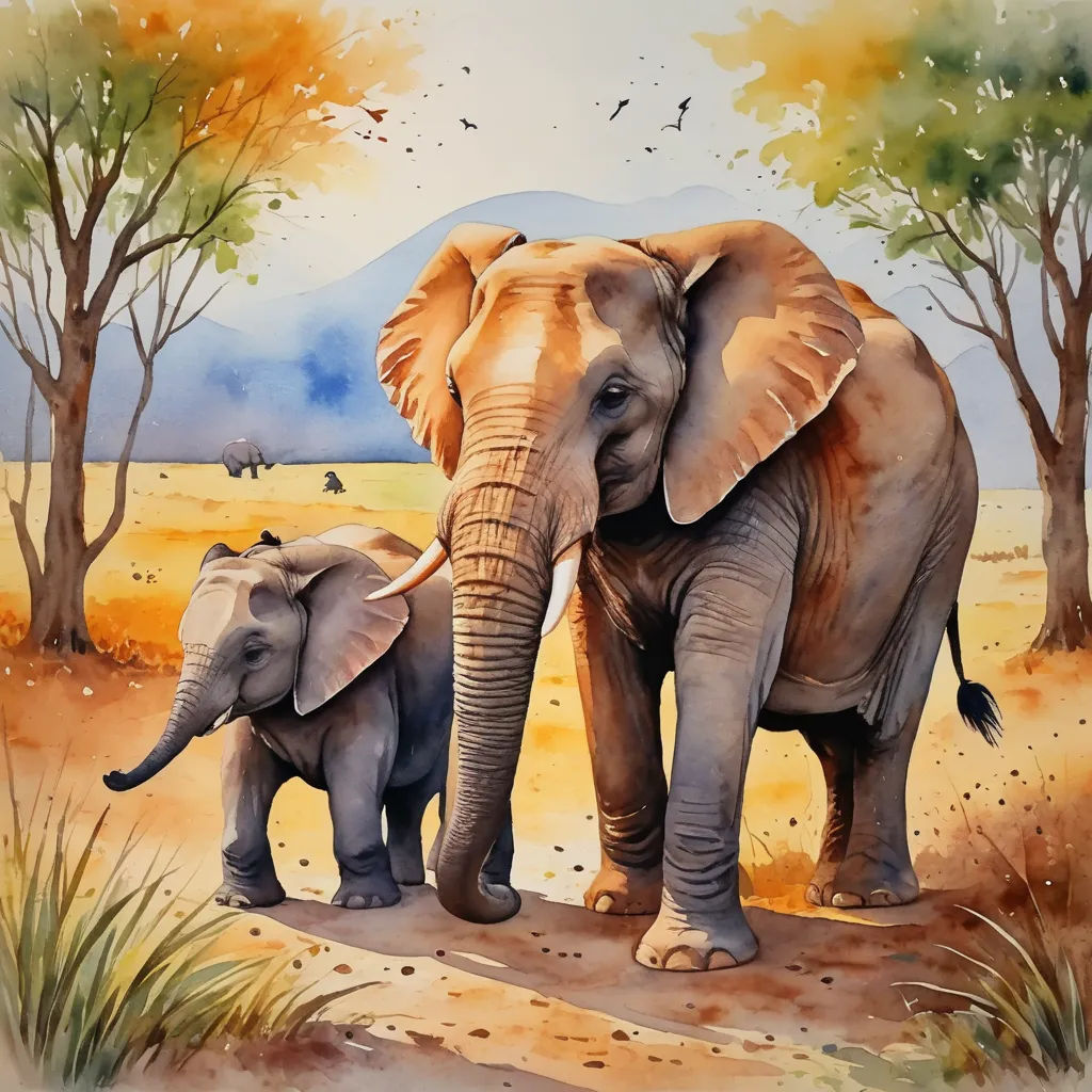 a painting of two elephants walking in the dirt near trees and birds flying overhead, with a mountain in the background, naive art, an airbrush painting, Art Brenner, oil painting