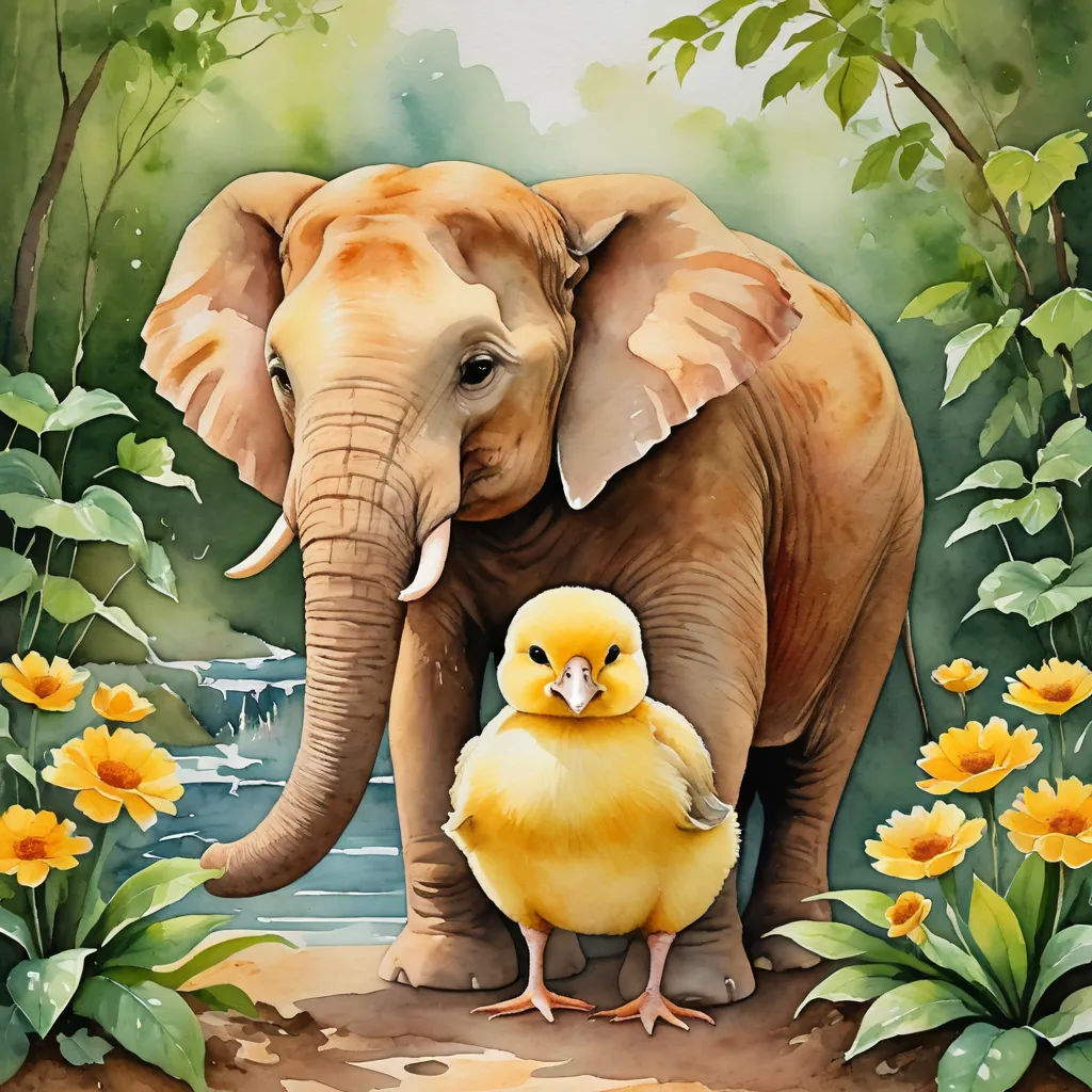 a painting of an elephant and a chick in a field of flowers and trees with a stream in the background, magic realism, a storybook illustration, Chris LaBrooy, highly detailed digital painting