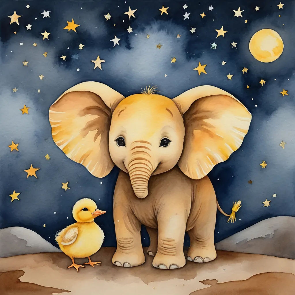 a painting of an elephant and a duck on a hill with stars and a sky background with a full moon, space art, a storybook illustration, Elaine Duillo, storybook illustration