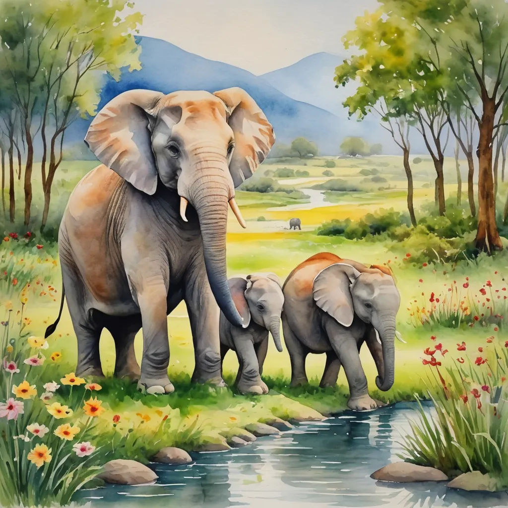 a painting of a mother elephant and her two babies by a stream of water with mountains in the background, naive art, an airbrush painting, Carol Sutton, highly detailed oil painting