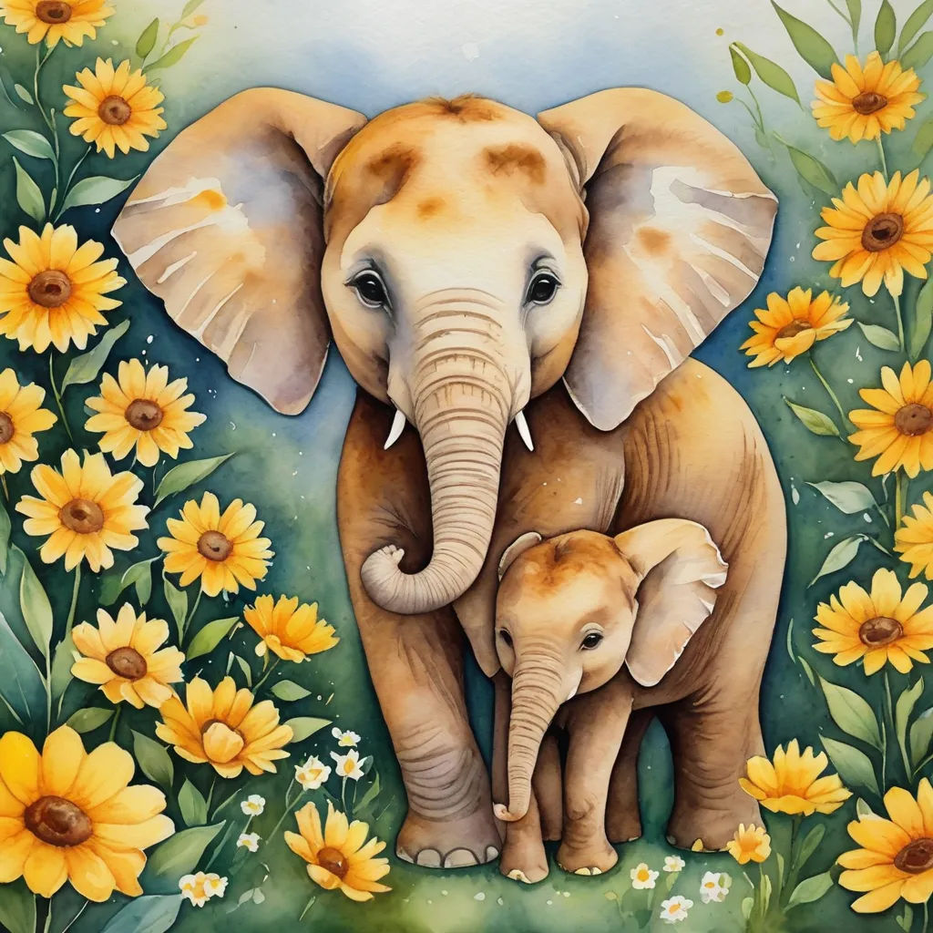 a painting of an elephant and its baby in a field of sunflowers and daisies with a blue sky in the background, naive art, a watercolor painting, Carol Sutton, soft painting