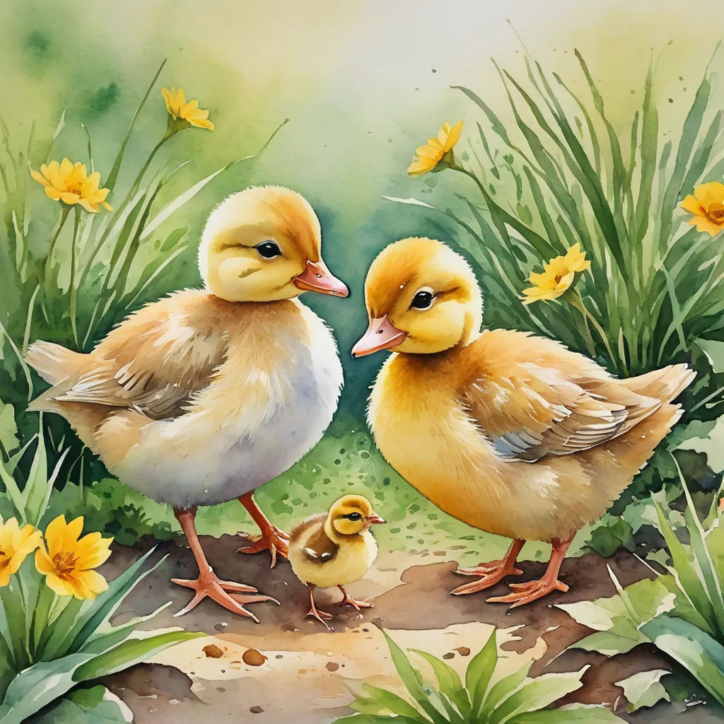 a painting of two ducks and a duckling in a field of flowers and grass with yellow flowers in the background, american scene painting, a watercolor painting, Anne Said, detailed painting