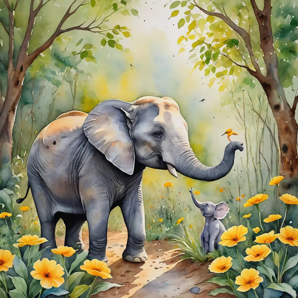 a painting of an elephant and a baby elephant in a forest with yellow flowers and trees, with a baby elephant standing in the foreground, magic realism, a storybook illustration, Carol Sutton, storybook illustration
