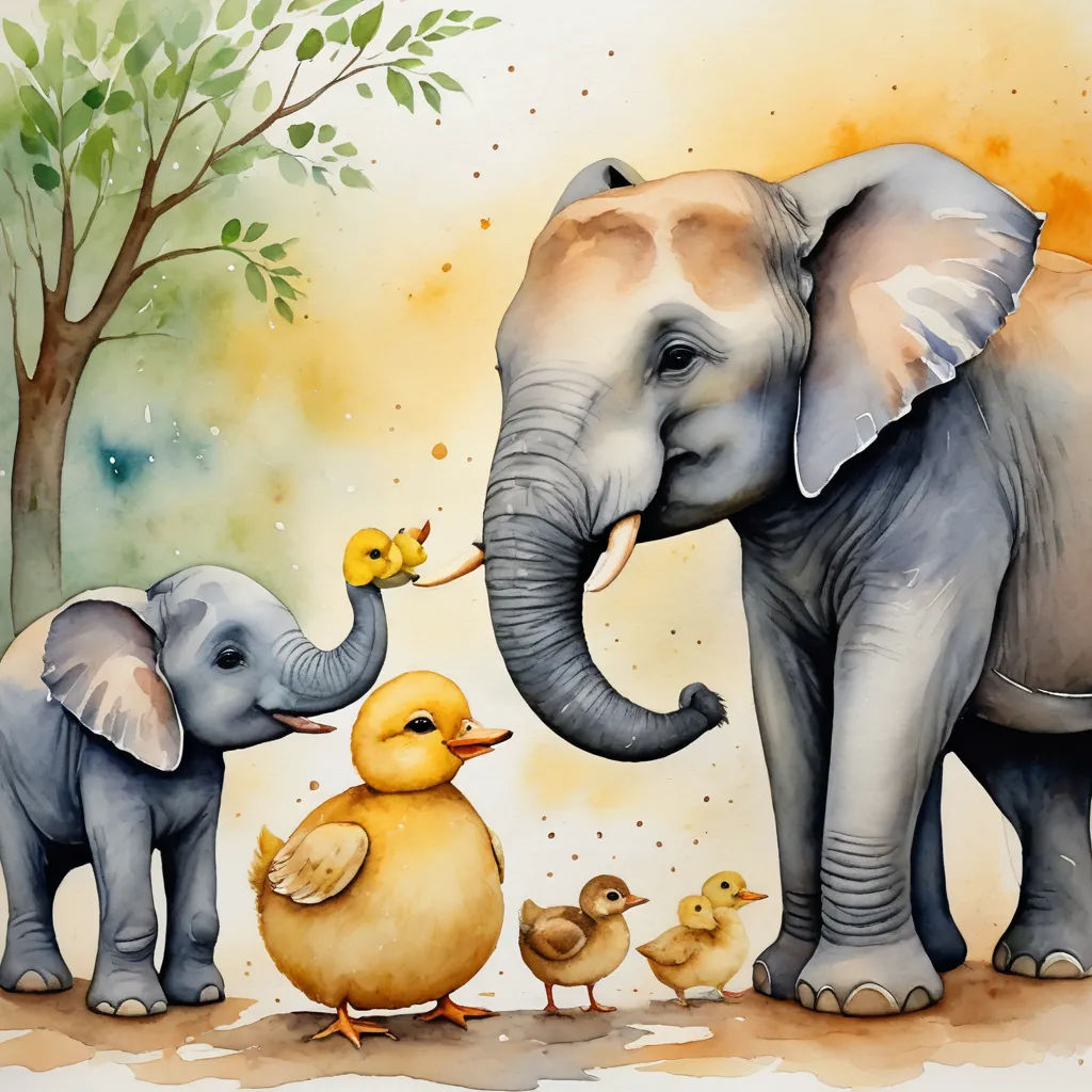 a painting of an elephant and two ducks with a duckling in front of them, and a duckling in the foreground, magic realism, a storybook illustration, Chris LaBrooy, storybook illustration