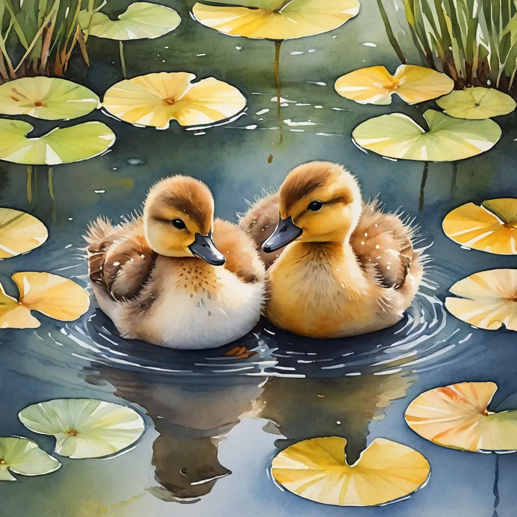 two ducks are sitting in the water surrounded by lily pads and lily pads, with a reflection of the water, photorealism, a photorealistic painting, Arie Smit, in gouache detailed paintings