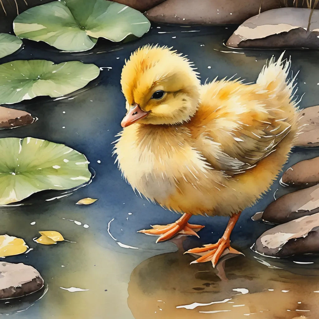 a duckling is standing in a pond of water with lily pads and rocks around it, and a lily pad is in the water, photorealism, a watercolor painting, Carol Sutton, in gouache detailed paintings