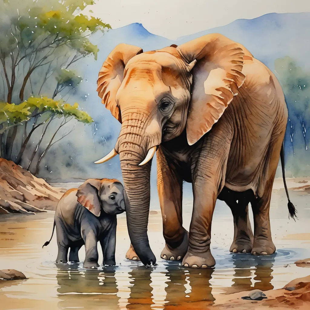 a painting of an elephant and its baby in a river with trees in the background and water droplets on the ground, figurative art, a watercolor painting, Art Brenner, oil painting