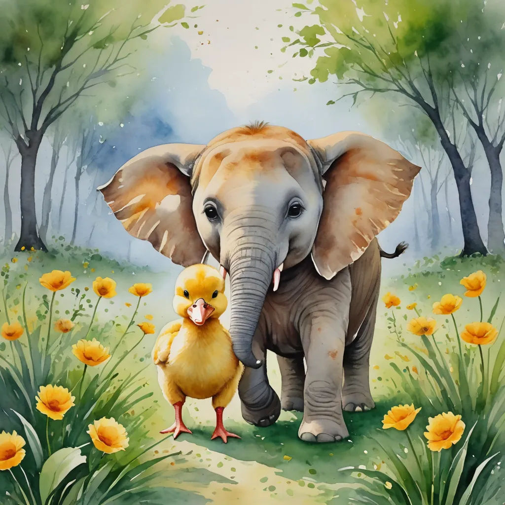 a painting of an elephant and a duck in a field of flowers and trees with a baby duck in front of it, magic realism, a storybook illustration, Chris LaBrooy, soft painting