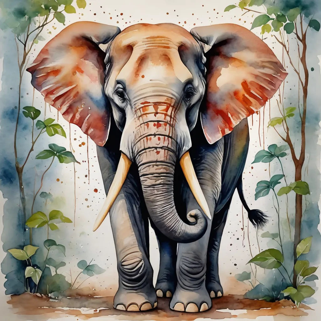 a painting of an elephant with trees in the background and watercolor paint on paper behind it, with a red spot on the elephant's ear, sumatraism, an airbrush painting, Amédée Ozenfant, in gouache detailed paintings