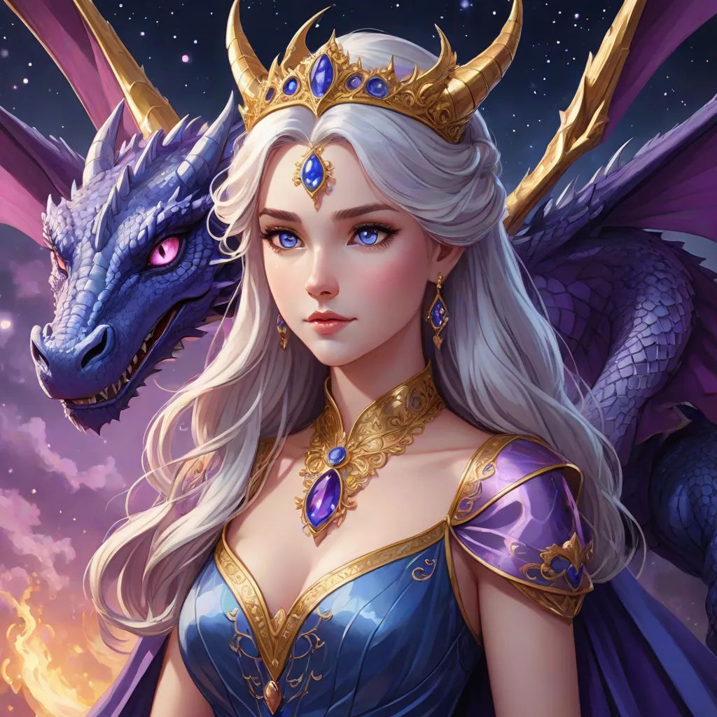 a woman in a blue dress with a dragon on her shoulder and a purple dragon on her shoulder, with a purple background, fantasy art, a detailed painting, Anne Stokes, dragon art