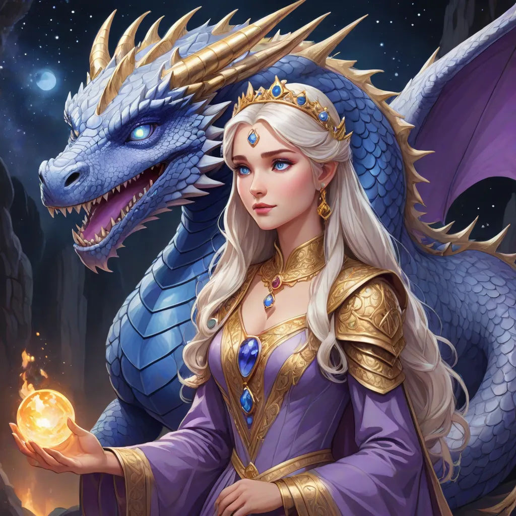 a woman in a purple dress holding a ball with a dragon on it's back and a blue dragon on its shoulder, fantasy art, a detailed painting, Anne Stokes, dragon art