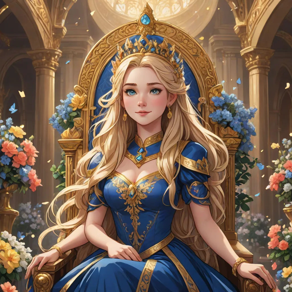 a beautiful blonde haired woman sitting on a throne in a blue dress with flowers around her waist and a crown on her head, fantasy art, a storybook illustration, Charlie Bowater, rossdraws global illumination