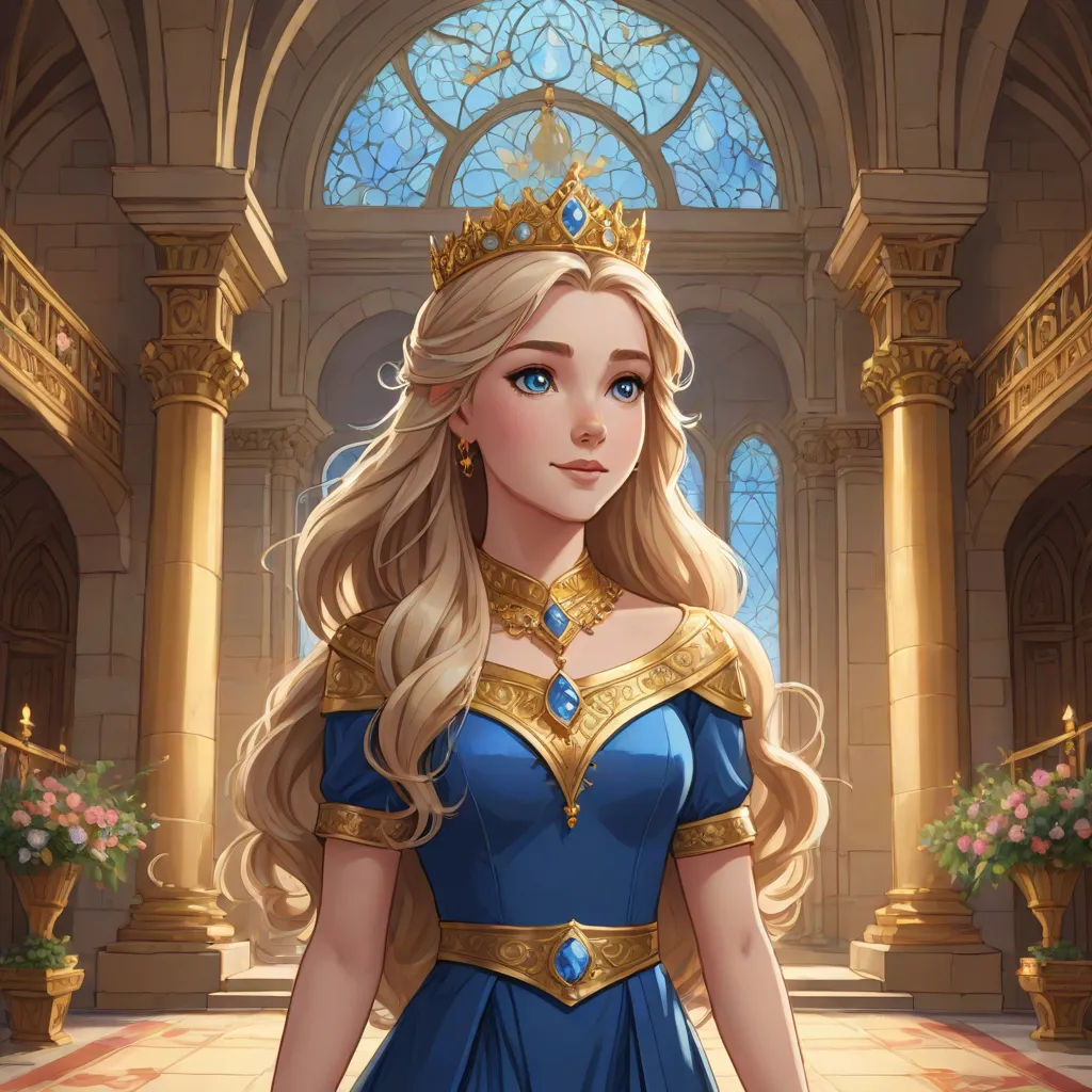 a woman in a blue dress with a gold crown on her head and a blue dress with a gold trim, fantasy art, a character portrait, Charlie Bowater, official art