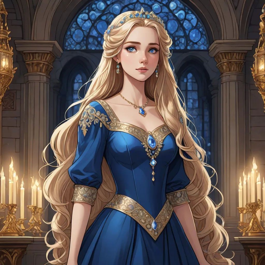 a woman in a blue dress standing in front of a window with candles in it and a chandelier, fantasy art, a character portrait, Charlie Bowater, beautiful detailed