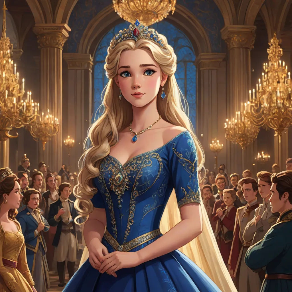 a woman in a blue dress standing in front of a crowd of people in a ballroom wearing a tiara, fantasy art, a detailed painting, disney, official art