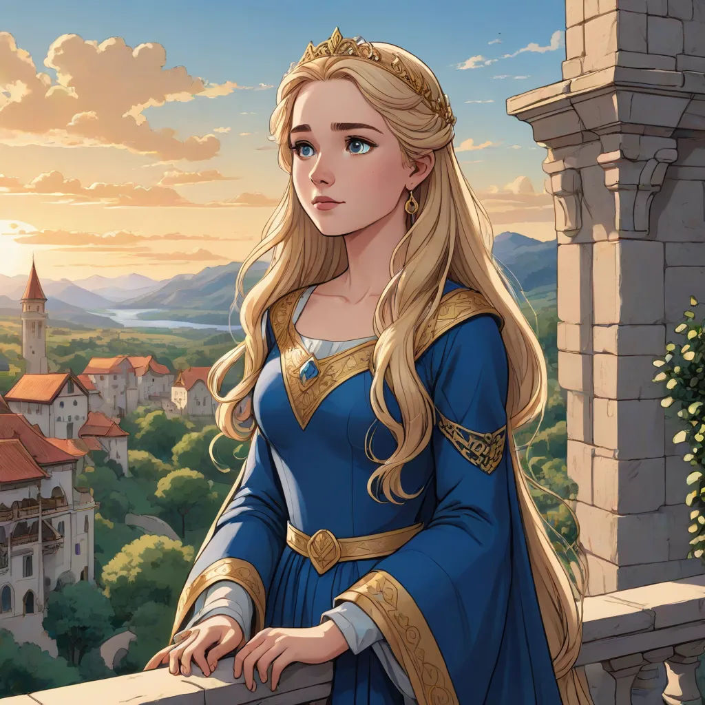 a woman in a blue dress standing on a balcony with a castle in the background and a sunset in the sky, fantasy art, a storybook illustration, Charlie Bowater, official art