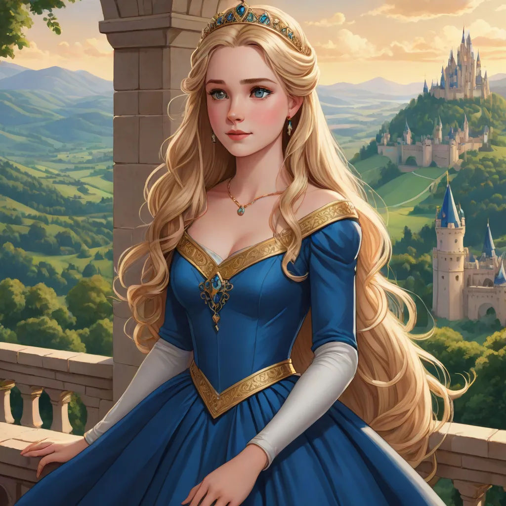 a beautiful blonde haired woman in a blue dress standing in front of a castle with a castle in the background, fantasy art, a detailed painting, disney, rossdraws global illumination