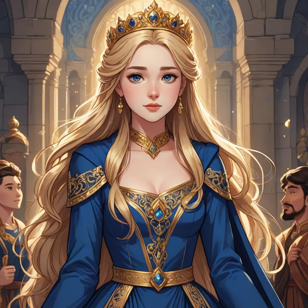 a woman in a blue dress with a crown on her head and a man in a suit behind her, fantasy art, a detailed painting, Charlie Bowater, rossdraws global illumination